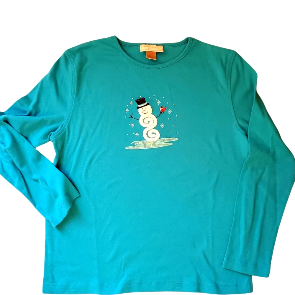 Holiday Winter Theme Snowman Applique Long Sleeve Tshirt